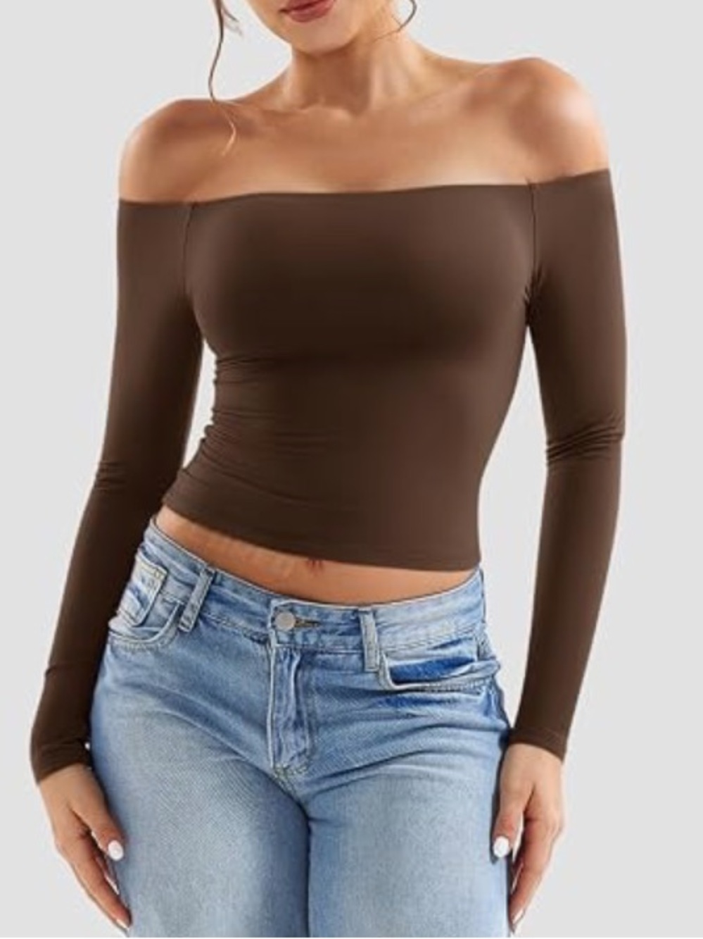 AMAZON Brown Butter Women's Off-Shoulder Long Sleeve Top